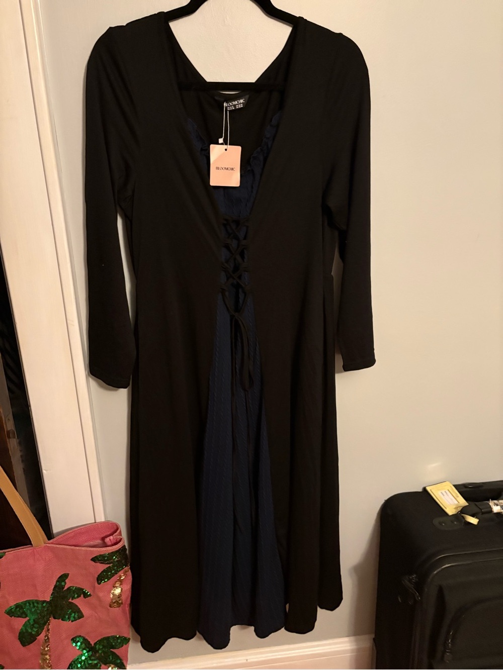 BloomChic Black Dress with Navy Inset and Lace-Up Front